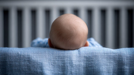A serene sleeping baby with delicate features nestles on a gentle blue blanket, capturing tender moments of early childhood and nurturing care.の写真素材
