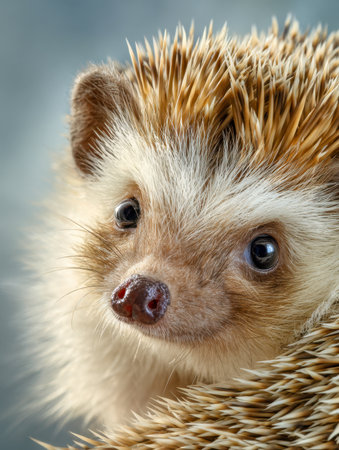 A miniature hedgehog with keen eyes and pointed quills leans gently against a muted backdrop, illuminated by gentle sunlight that highlights its delicate features.の写真素材