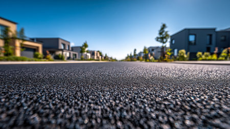 A close-up of a rough asphalt pathway meanders through a contemporary neighborhood bathed in bright sunshine, under a cloudless sapphire sky.の写真素材
