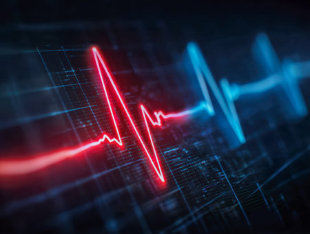 Vibrant red and blue energy waves ripple across a dark digital grid, capturing the essence of...