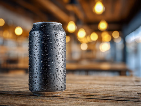 A sleek black can, glistening with tiny droplets, rests on aged wooden planks, basking in soft warm lighting that creates a inviting, intimate atmosphere indoors.の写真素材