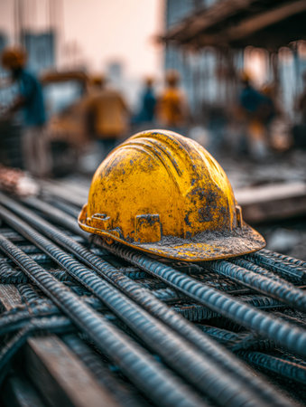 A weathered yellow safety helmet sits atop steel gridwork, with construction workers bustling behind...