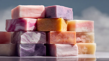 Brightly hued, artistically swirled soap blocks are artistically arranged atop a gentle backdrop, highlighting handcrafted details and glowing warmth in radiant sunlの写真素材