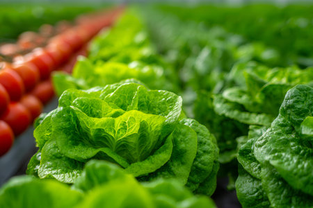 Lush, vibrant leaves of leafy greens and bright red tomatoes flourish side by side in a meticulously...