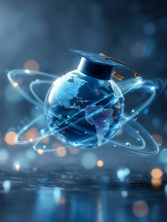 A vibrant digital representation of Earth highlights luminous landmasses, topped with a graduation hat, encircled by radiant orbital pathways reflecting worldwide leの写真素材