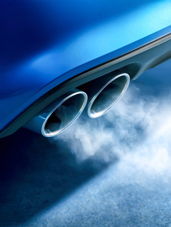 Frothy white fumes billow from the gleaming chrome tips of a sleek blue car, emphasizing the balance...