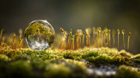 A luminous glass orb gently sits atop lush moss, surrounded by tender shoots bathed in warm sunlight, evoking tranquility amidst a peaceful forest setting.の写真素材