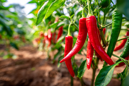 Vibrant red and green chilies dangle from lush vines under bright sunshine, showcasing the bounty of a flourishing farm poised for harvest amid a lively rural landscの写真素材