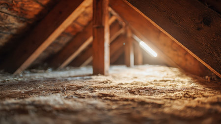 Gentle rays bask in a timeworn attic, illuminating weathered wood and hazy particles dancing in the quiet, forgotten space.の写真素材