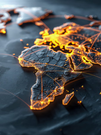 A vibrant, glowing map emphasizes Europe's and Africa's regions, interconnected by luminous lines...