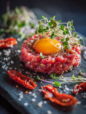 An artisanal beef tartare artfully arranged on a dark slate platter, crowned with a vibrant egg yolk, adorned with microgreens, dried tomatoes, and seasoned with chuの写真素材