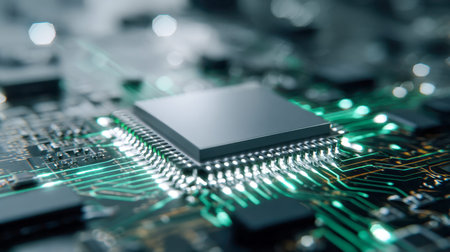 A close-up of a sleek, contemporary semiconductor embedded within a dense network of circuitry,...