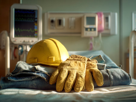 A vivid yellow safety helmet and resilient gloves sit atop neatly folded denim, set against a hospital environment with medical devices, embodying strength and healiの写真素材