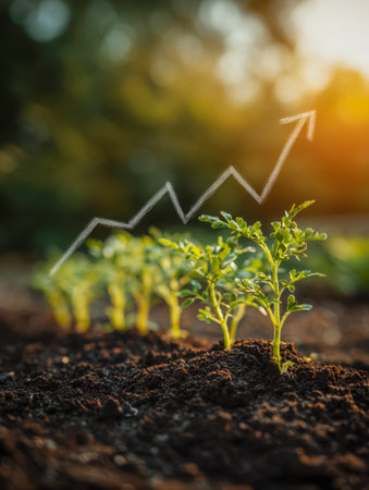 Fresh seedlings emerge from earth, paired with an illustrative upward trend line, highlighting eco-friendly farming growth and the importance of green investments.の写真素材
