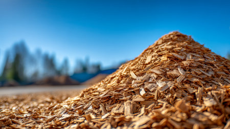 Scattered wooden fragments bathed in bright sunlight, with distant greenery and urban structures softly blurred beneath a vivid blue sky.の写真素材
