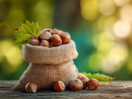A rustic burlap pouch brimming with ripe hazelnuts and lush green foliage rests on a wooden table, bathed in gentle, warm natural sunlight with a softly blurred backの写真素材