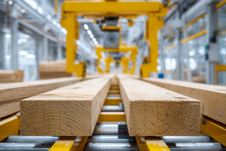A sleek, high-tech workshop where robotic systems expertly shape substantial timber pieces under...