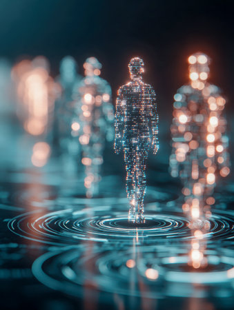 Neon-lit humanoids made of shimmering data shards stand atop radiant circular grids, embodying advanced connectivity in a sleek, high-tech digital realm.の写真素材