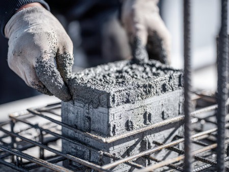 Skilled hands in protective gloves carefully mold moist concrete atop steel reinforcements, laying the groundwork for a durable structure under clear sunlight.の写真素材
