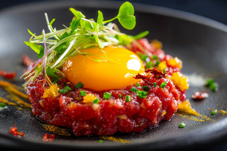A refined dish featuring finely chopped beef served on a sleek black plate, crowned with a golden yolk, colorful herbs, and fresh microgreens for an elegant touch.の写真素材