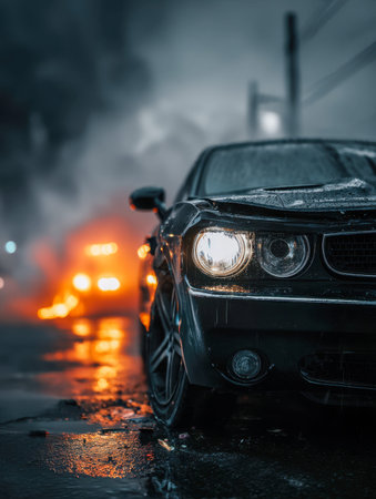 A glossy black sportscar with illuminated front beams reflects on a slick urban street, casting a...