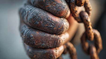 A rugged hand firmly clutches an aged, corroded chain, illustrating resilience and the relentless march of time etched into metal and muscle alike.の写真素材