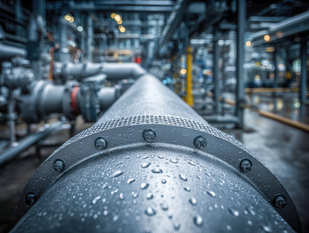 A sleek steel conduit filled with glistening water beads, set against a backdrop of robust industrial equipment and intricate piping networks within a manufacturingの写真素材