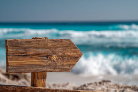 An wooden directional marker guides visitors aged along a sunlit shoreline, with lively sea foam and...
