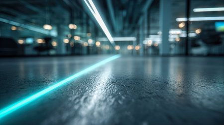 A sleek, modern interior illuminated by vibrant neon hues, featuring a glowing azure beam tracing intricate patterns across a textured metallic surface.の写真素材