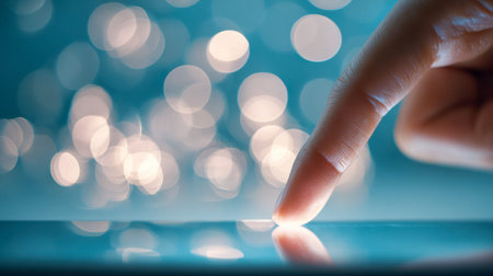 A hand softly interacts with a sleek tablet, surrounded by ethereal glows and delicate lights that...