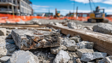 Aged timber planks lie atop broken concrete debris amid a bustling city development, with distant structures and equipment softly blurred in the backdrop.の写真素材