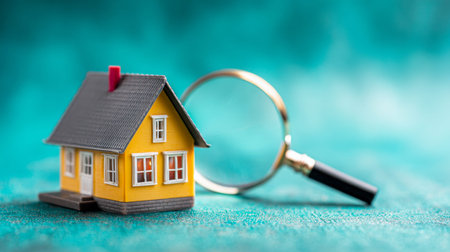 A small bright yellow residence alongside a magnifying glass on a textured teal background, symbolizing detailed property analysis or real estate evaluation.の写真素材