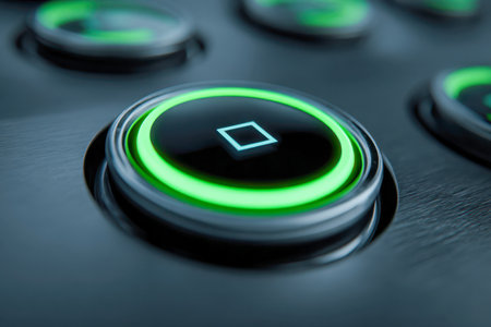 A luminous green-ringed button featuring a square icon radiates vibrant light against a smooth, dark control surface, highlighting a futuristic interface element.の写真素材