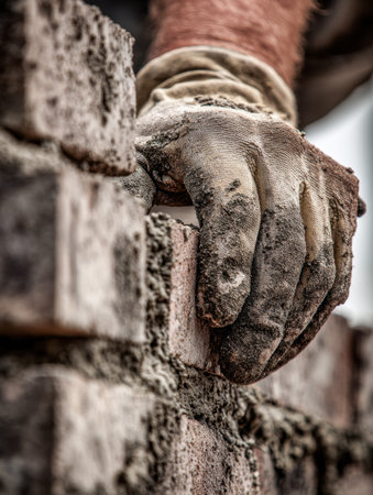 A close-up of a worker's sturdy glove expertly placing a brick, highlighting meticulous craftsmanship and the intricate details of the building process.の写真素材