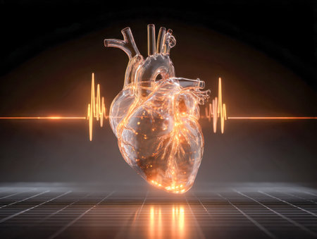 A clear, detailed depiction of a human heart illuminated from within, set against a pulsating...