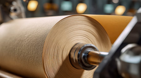 A massive coiled paper roll feeds into a high-capacity factory cutter, bathed in warm glow, with machinery and workspace fading into softness behind.の写真素材