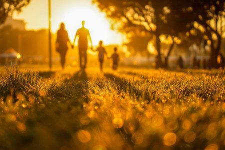 A family strolling hand-in-hand through a radiant park at sunset, their shadows blending with lush...
