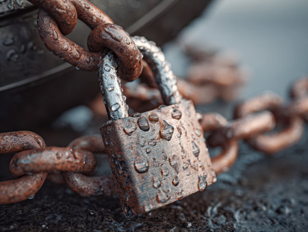 A weathered iron link with a glistening, moisture-covered lock conveys resilience and safeguarding amidst a rainy, somber atmosphere.の写真素材