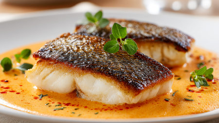 Sizzling fish fillets with crispy golden crust atop a velvety sauce, accented by vibrant herbs,...