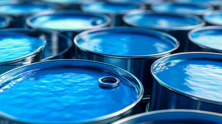 Sentinel rows of metallic drums shimmer with a vibrant azure hue, casting designed reflections...