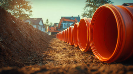 Bright orange piping segments are arranged methodically across a construction zone, with freshly dug earth nearby, under a clear, sunny sky, signaling recent urban mの写真素材