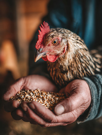 At dusk, an aged farmer gently cradles a plump speckled hen and golden grain, showcasing a life rooted in rural tradition within a timeworn barn setting.の写真素材
