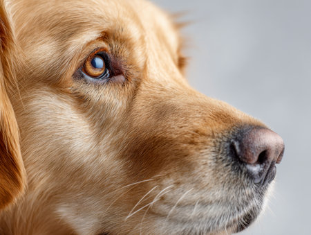 A heartfelt glimpse into a golden retriever's expressive eye and snout, revealing intricate fur patterns and gentle emotion against a subtle, calming backdrop.の写真素材