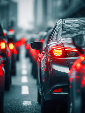 A bustling city street at dusk, where rows of vehicles halt in heavy traffic, their brake lights...