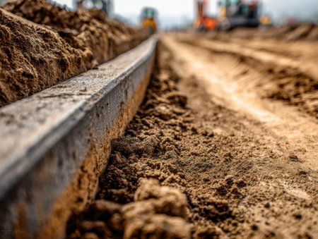 A detailed shot of a rugged metal bar embedded in muddy ground, with heavy machinery softly blurred behind, capturing the raw atmosphere of active construction.の写真素材