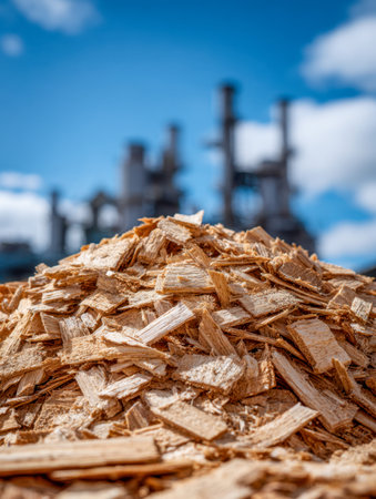 Sunlit heaps of fine wood debris contrast with distant refinery silhouettes beneath a clear blue sky, capturing an industrial scene blending raw materials and infrasの写真素材