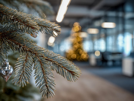 Lush evergreen branches in sharp focus frame a festive tree with warm lights, set against a softly blurred office environment, evoking a welcoming holiday spirit.の写真素材