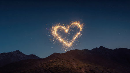 A luminous heart flickers with vibrant energy against a serene night, its glow illuminating rolling mountain slopes and a tranquil landscape under a starry sky.の写真素材