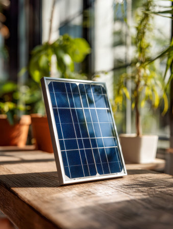 A compact photovoltaic device rests on a rustic wooden surface amid lush greenery, bathed in gentle...