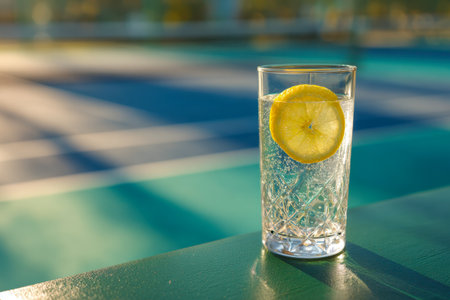 A refreshing beverage with lemon accent rests on a vibrant green surface, capturing the warm glow of sunset near an energetic outdoor tennis facility.の写真素材